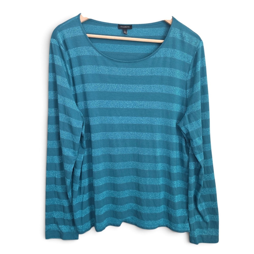 Talbots Womens XL Top Teal Blue Striped Metallic Shimmer Long Sleeve Scoop Neck